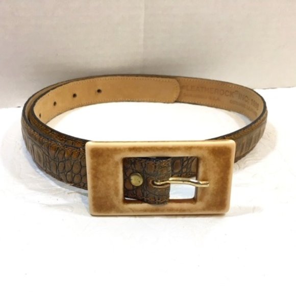 Vtg Leatherock Leather Croc Style Brown Skinny Belt Sm - Picture 1 of 10